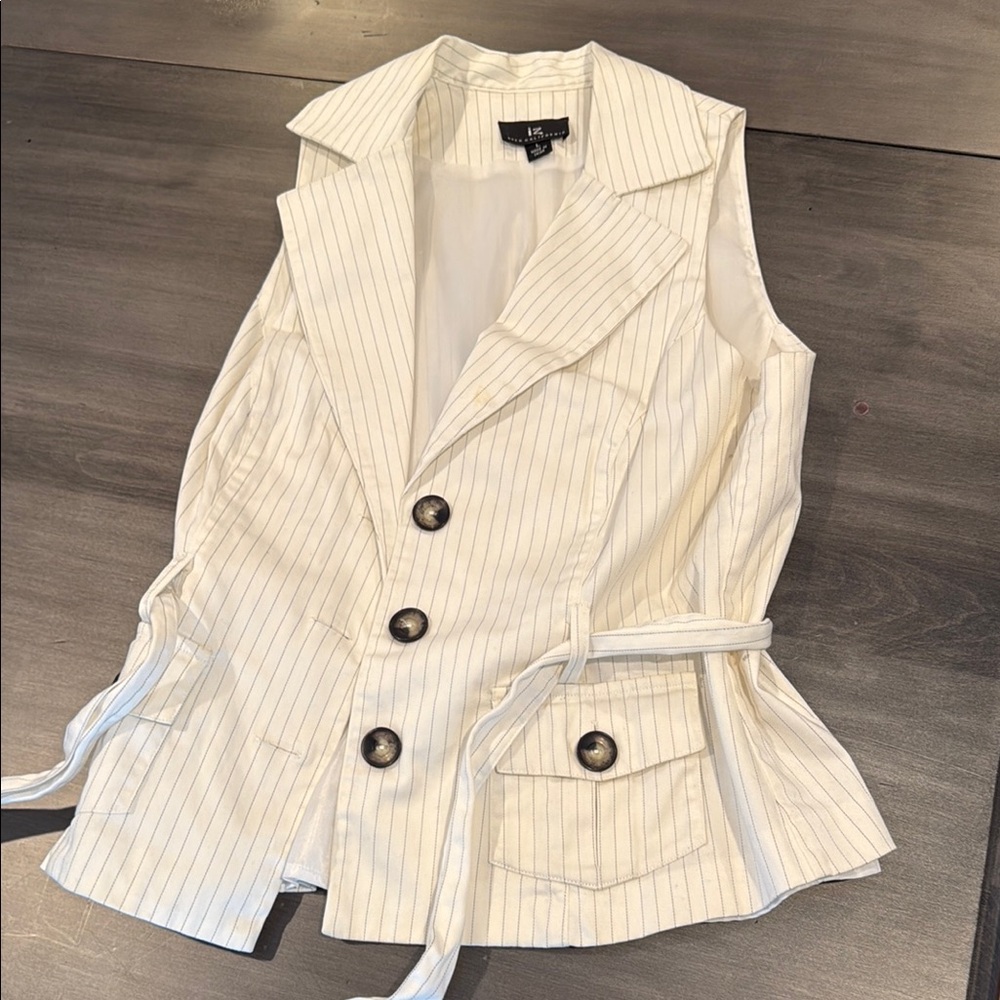 Striped White Sleeveless Vest with Belt